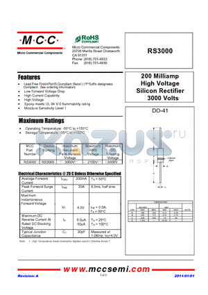 RS3000_11 datasheet - 200 Milliamp High Voltage Silicon Rectifier 3000 Volts