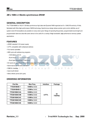 TTS3816B4E datasheet - 2M x 16Bit x 4 Banks synchronous DRAM