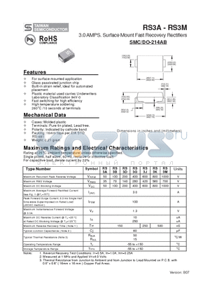 RS3A datasheet - 3.0 AMPS. Surface Mount Fast Recovery Rectifiers