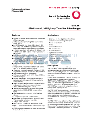 TTSI1K16T datasheet - 1024-Channel, 16-Highway Time-Slot Interchanger