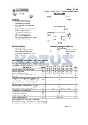 RS3A datasheet - 3.0 AMP. Surface Mount Fast Recovery Rectifiers