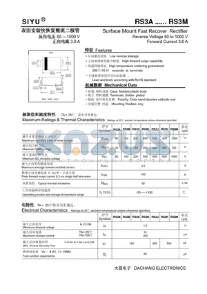 RS3A datasheet - Surface Mount Fast Recover Rectifier Reverse Voltage 50 to 1000 V Forward Current 3.0 A