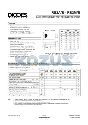 RS3AB-13-F datasheet - 3.0A SURFACE MOUNT FAST RECOVERY RECTIFIER