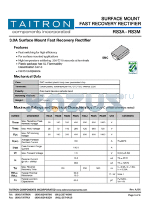 RS3B datasheet - 3.0A Surface Mount Fast Recovery Rectifier