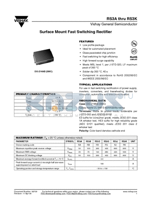RS3B datasheet - Surface Mount Fast Switching Rectifier