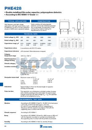 PHE428 datasheet - Double metallized film pulse capacitor, polypropylene dielectric