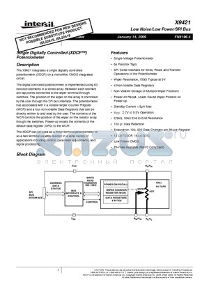 X9421WS16 datasheet - Single Digitally Controlled (XDCP) Potentiometer