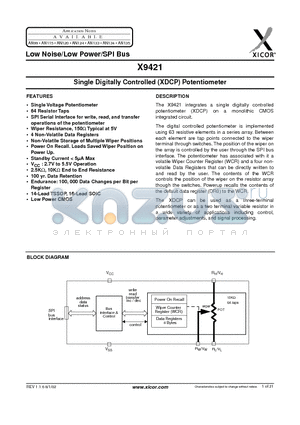 X9421WS-2.7 datasheet - Single Digitally Controlled (XDCP) Potentiometer