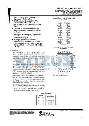 SN54BCT25245W datasheet - 25ohm OCTAL BUS TRANSCEIVERS WITH 3-STATE OUTPUTS