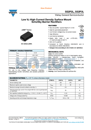 SS2P3L-M3-84A datasheet - Low VF High Current Density Surface Mount Schottky Barrier Rectifiers