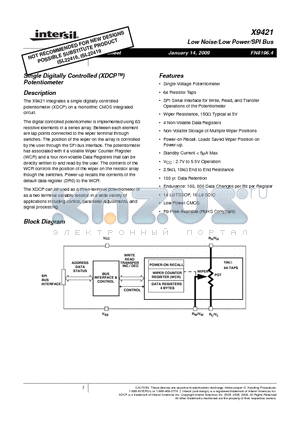 X9421YS16I datasheet - Single Digitally Controlled (XDCP) Potentiometer
