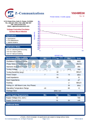 V804ME08_10 datasheet - Voltage-Controlled Oscillator Surface Mount Module