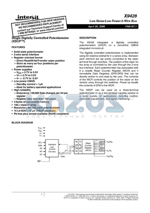 X9428 datasheet - Single Digitally Controlled Potentiometer