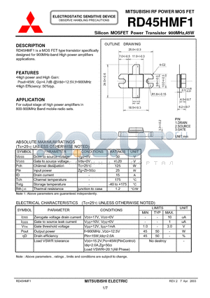 RD45HMF1 datasheet - Silicon MOSFET Power Transistor 900MHz,45W