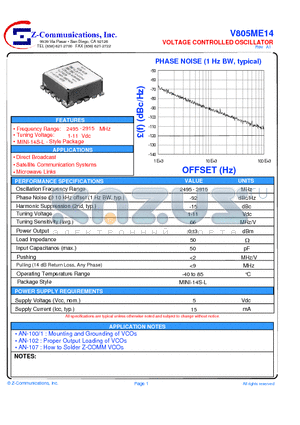 V805ME14 datasheet - LOW COST -  HIGH PERFORMANCE VOLTAGE CONTROLLED OSCILLATOR