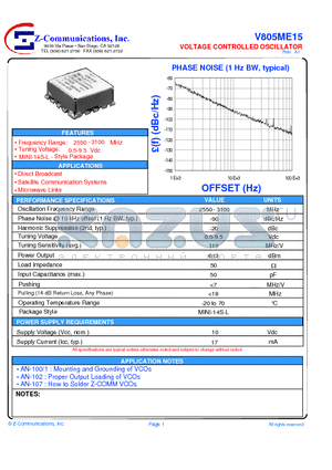 V805ME15 datasheet - LOW COST - HIGH PERFORMANCE VOLTAGE CONTROLLED OSCILLATOR