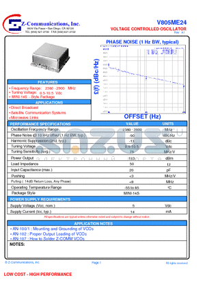 V805ME24 datasheet - VOLTAGE CONTROLLED OSCILLATOR