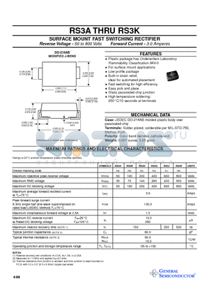 RS3K datasheet - SURFACE MOUNT FAST SWITCHING RECTIFIER