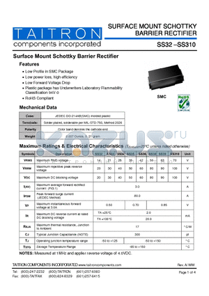 SS310 datasheet - Surface Mount Schottky Barrier Rectifier