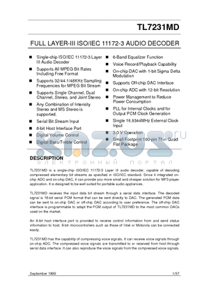 TL7231MD datasheet - FULL LAYER-III ISO/IEC 11172-3 AUDIO DECODER