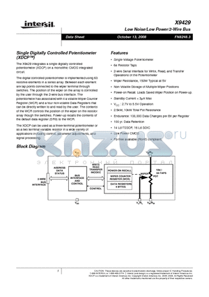 X9429WS16IZ datasheet - Single Digitally Controlled Potentiometer(XDCP)