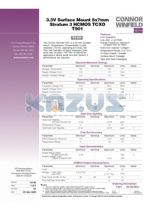 T501-20.00M datasheet - 3.3V Surface Mount 5x7mm Stratum 3 HCMOS TCXO T501