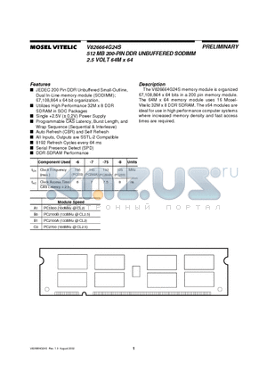 V826664G24S datasheet - 512 MB 200-PIN DDR UNBUFFERED SODIMM 2.5 VOLT 64M x 64