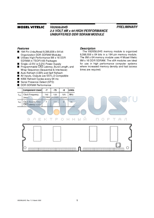 V82658J04S datasheet - 2.5 VOLT 8M x 64 HIGH PERFORMANCE UNBUFFERED DDR SDRAM MODULE