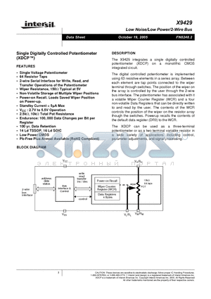 X9429WV14IZ datasheet - Single Digitally Controlled Potentiometer