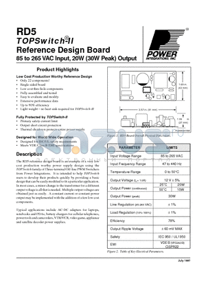 RD5 datasheet - Reference Design Board 85 to 265 VAC Input, 20W (30W Peak) Output