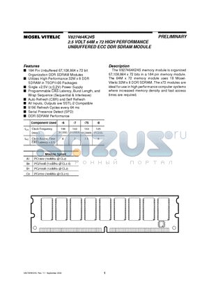 V827464K24S datasheet - 2.5 VOLT 64M x 72 HIGH PERFORMANCE UNBUFFERED ECC DDR SDRAM MODULE