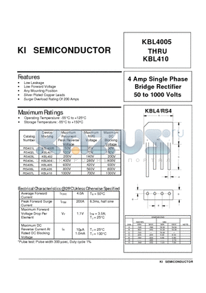 RS401L datasheet - 4 Amp Single Phase Bridge Rectifier 50 to 1000 Volts