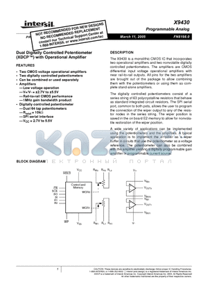 X9430WS24 datasheet - Dual Digitally Controlled Potentiometer (XDCP) with Operational Amplifier