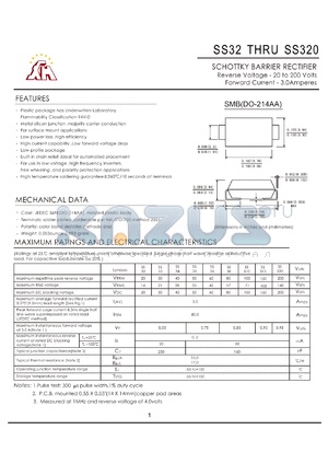 SS320SMB datasheet - SCHOTTKY BARRIER RECTIFIER Reverse Voltage - 20 to 200 Volts Forward Current - 10.0Amperes