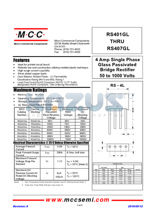 RS402GL datasheet - 4 Amp Single Phase Glass Passivated Bridge Rectifier 50 to 1000 Volts