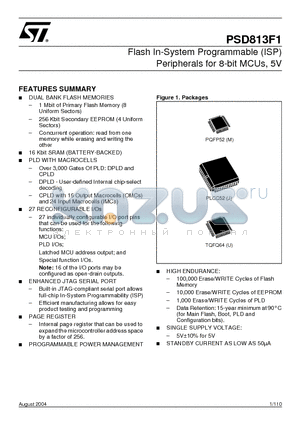 PSD813F1 datasheet - Flash In-System Programmable (ISP) Peripherals for 8-bit MCUs, 5V