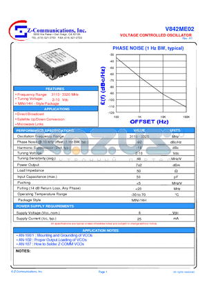 V842ME02 datasheet - LOW COST - HIGH PERFORMANCE VOLTAGE CONTROLLED OSCILLATOR