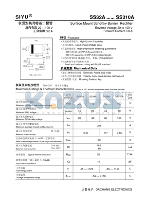 SS32A datasheet - Surface Mount Schottky Barrier Rectifier Reverse Voltage 20 to 100 V Forward Current 3.0 A