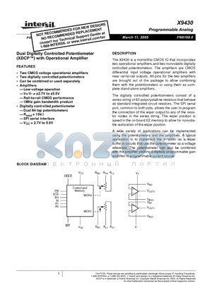 X9430WV24I-2.7 datasheet - Dual Digitally Controlled Potentiometer (XDCP) with Operational Amplifier
