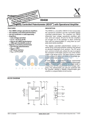 X9430WV24-2.7 datasheet - Dual Digitally Controlled Potentiometer (XDCP) with Operational Amplifier