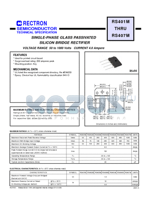 RS402M datasheet - SINGLE-PHASE GLASS PASSIVATED SILICON BRIDGE RECTIFIER (VOLTAGE RANGE 50 to 1000 Volts CURRENT 4.0 Ampere)