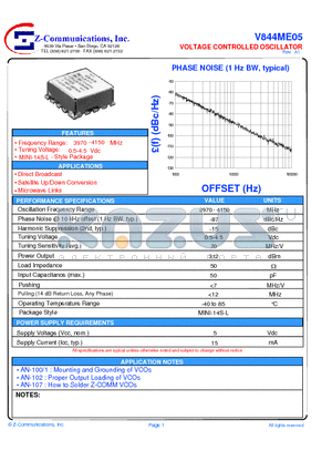 V844ME05 datasheet - LOW COST - HIGH PERFORMANCE VOLTAGE CONTROLLED OSCILLATOR