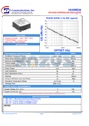 V844ME08 datasheet - LOW COST - HIGH PERFORMANCE VOLTAGE CONTROLLED OSCILLATOR
