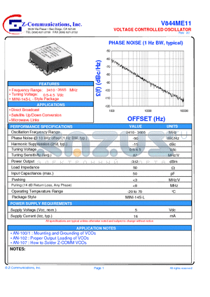 V844ME11 datasheet - LOW COST - HIGH PERFORMANCE VOLTAGE CONTROLLED OSCILLATOR
