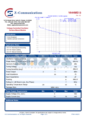 V844ME13 datasheet - Voltage-Controlled Oscillator Surface Mount Module