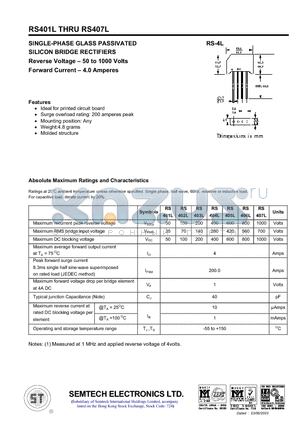 RS403L datasheet - SINGLE-PHASE GLASS PASSIVATED SILICON BRIDGE RECTIFIERS