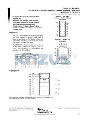 SN54F257 datasheet - QUADRUPLE 2-LINE TO 1-LINE DATA SELECTORS/MULTIPLEXERS WITH 3-STATE OUTPUTS