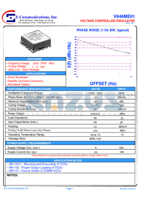 V846ME01 datasheet - LOW COST - HIGH PERFORMANCE VOLTAGE CONTROLLED OSCILLATOR