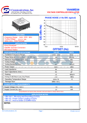 V846ME08 datasheet - LOW COST - HIGH PERFORMANCE VOLTAGE CONTROLLED OSCILLATOR