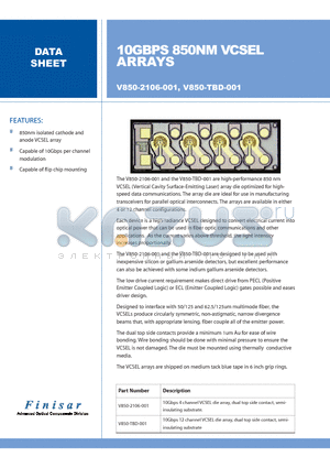 V850-2106-001 datasheet - 10GBPS 850NM VCSEL ARRAYS